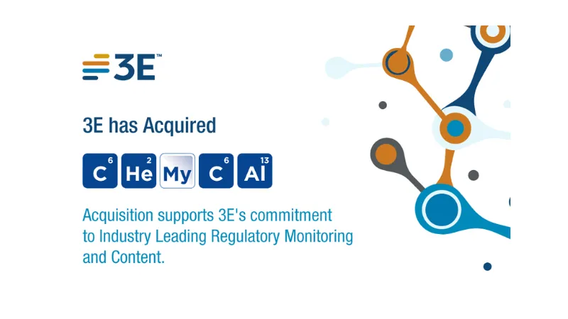 Global regulatory monitoring platform Chemycal is acquired by 3E. With its headquarters in Europe and a global presence, Chemycal's software and data solutions help multinational corporations make more educated and self-assured decisions about complicated chemical and product management as they negotiate the always shifting regulatory landscape.
