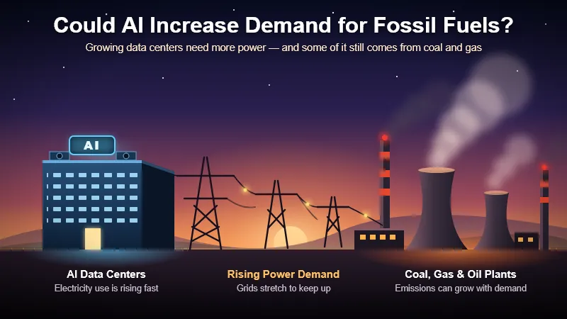 AI data center linked by power lines to a smoking fossil fuel power plant at dusk.