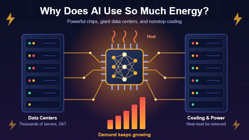 Illustration of an AI chip linked to data center servers, with rising heat and growing energy-demand bars.