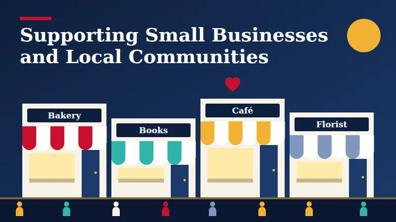 Illustration of a high street with a bakery, bookshop, café and florist, and a heart above, for supporting local small businesses.