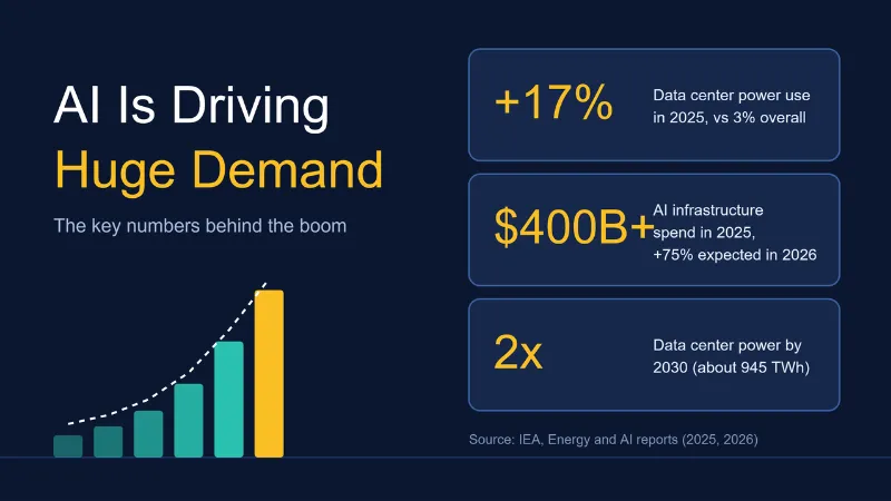 AI Is Driving Huge Demand" banner with IEA stats: +17% data center power demand, $400B+ AI spend, 2x by 2030
