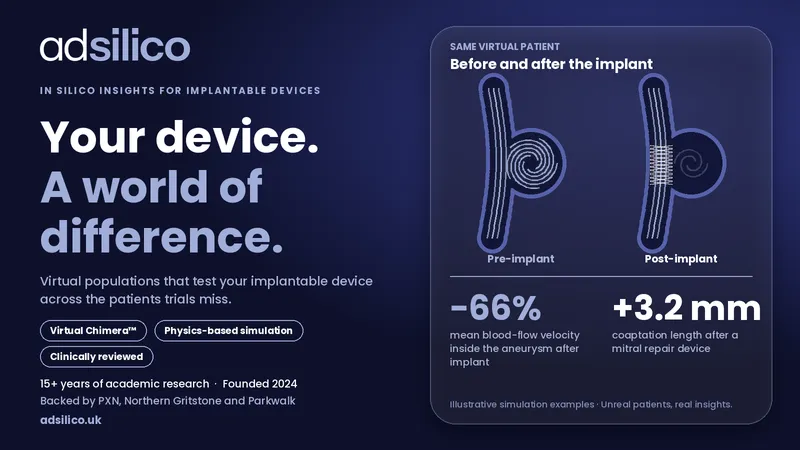 adsilico logo, “Your device. A world of difference.”, and before-and-after implant vessel simulations.