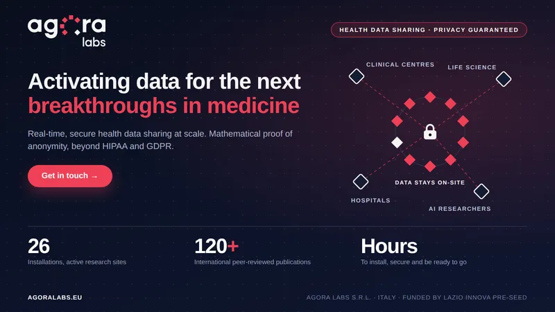 Agora Labs logo with the headline “Activating data for the next breakthroughs in medicine” and a data-privacy network diagram.