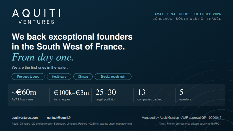 Aquiti Ventures banner: logo, “From day one” tagline, and AVA1 fund figures (~€60m, 13 companies).