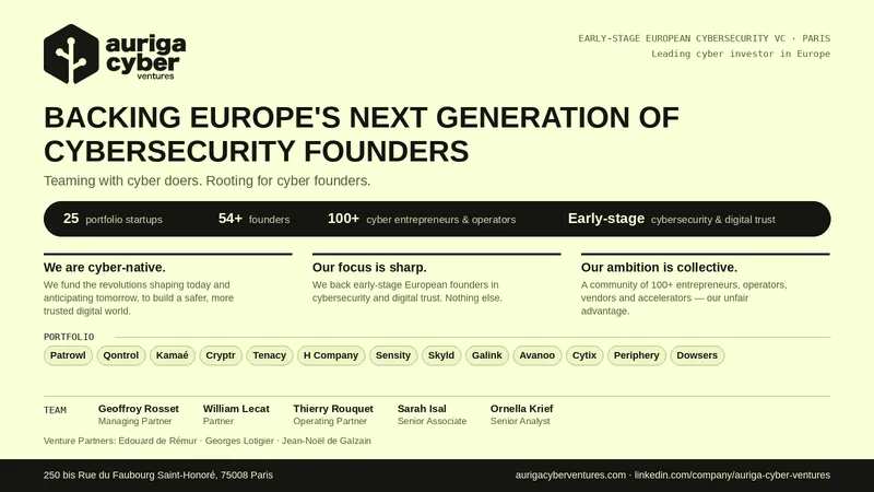 Backing Europe’s next generation of cybersecurity founders,” with stats, portfolio, and team.