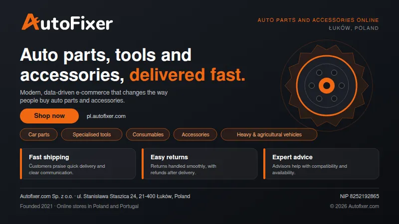Autofixer banner: logo, “Auto parts, tools and accessories, delivered fast,” and a “Shop now” button.