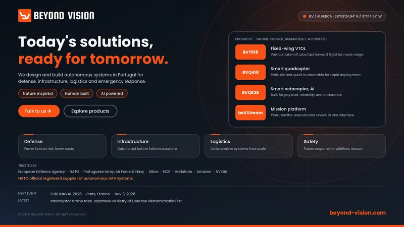 Beyond Vision banner: “Today’s solutions, ready for tomorrow.” with drone products and defense, infrastructure, logistics and safety solutions.