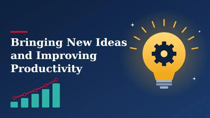 Glowing lightbulb with a gear inside, beside a rising bar chart, for new ideas and productivity.