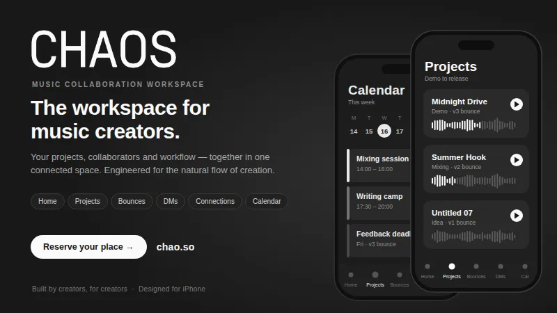 CHAOS, the workspace for music creators, shown with app screens for projects and calendar.