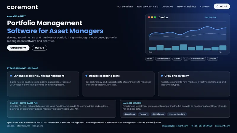 Coremont, a portfolio management software provider, showing its logo, a Clarion dashboard preview, key benefits and managed services.