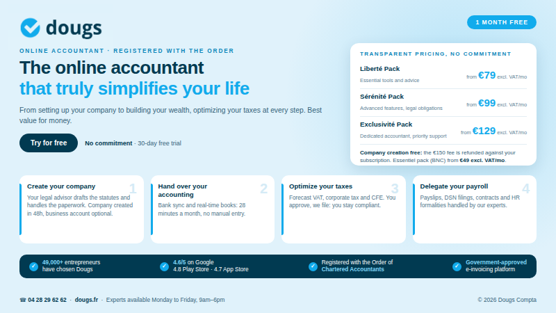 Dougs: online accountant, plans from €79/month, first month free.