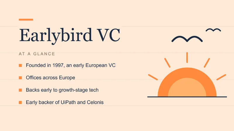 Earlybird VC banner with a sunrise and two birds, plus four key facts about the venture capital firm.