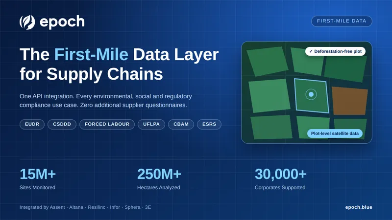 Epoch logo with the headline “The First-Mile Data Layer for Supply Chains” and a satellite plot map.
