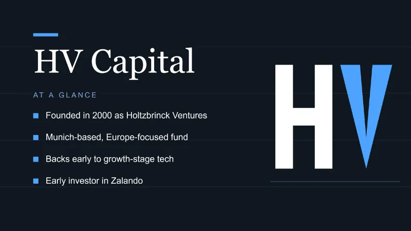 HV Capital banner with a geometric H and V monogram and four key facts about the venture capital firm.
