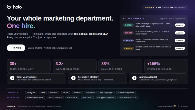 Holo: AI marketing tool for ads, socials, emails and SEO.