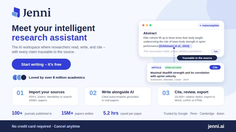 Meet your intelligent research assistant” with a cited-abstract editor mockup and three-step workflow.