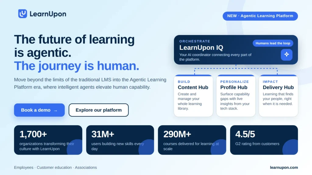 LearnUpon graphic: “The future of learning is agentic. The journey is human.” with a diagram of LearnUpon IQ coordinating three hubs, plus key customer stats.