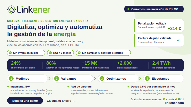 Linkener, an AI energy management platform for businesses, with savings figures and a demo button.