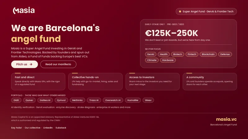 alternative text

Masia banner: “We are Barcelona’s angel fund” on burgundy, with €125K–250K pre-seed/seed cheques, sector focus tags and portfolio names.