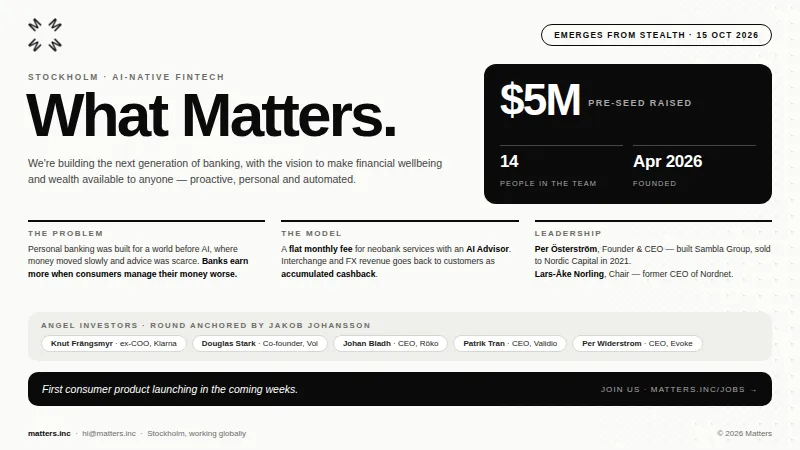 Matters: AI-naMatters: AI-native bank from Stockholm, $5M pre-seed.