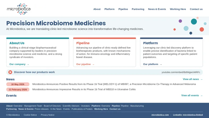 Microbiotica website summary: Precision Microbiome Medicines, with About Us, Pipeline and Platform sections and the latest news.