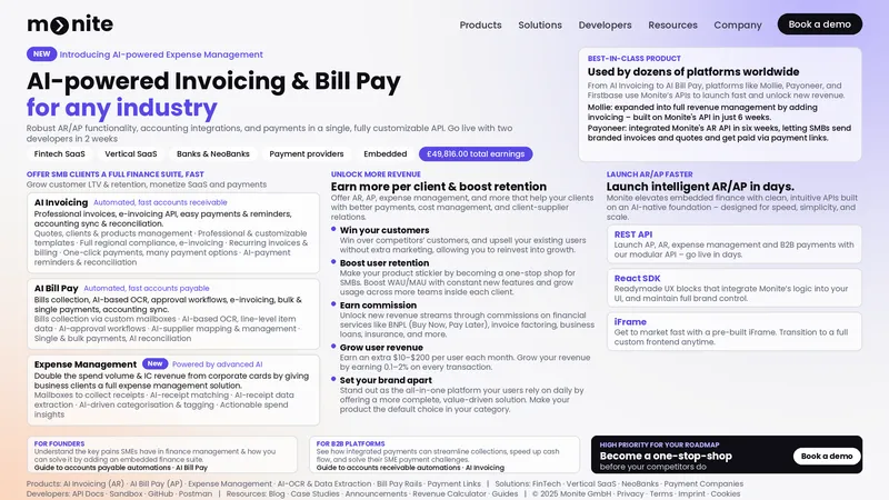 Infographic summarizing Monite’s embedded invoicing, bill pay and expense management platform.