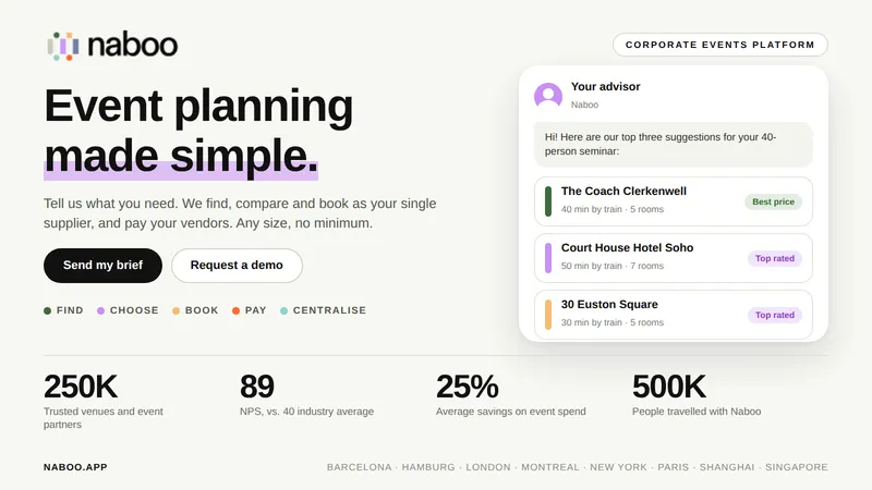 Naboo logo with the headline “Event planning made simple” and an advisor card suggesting seminar venues.