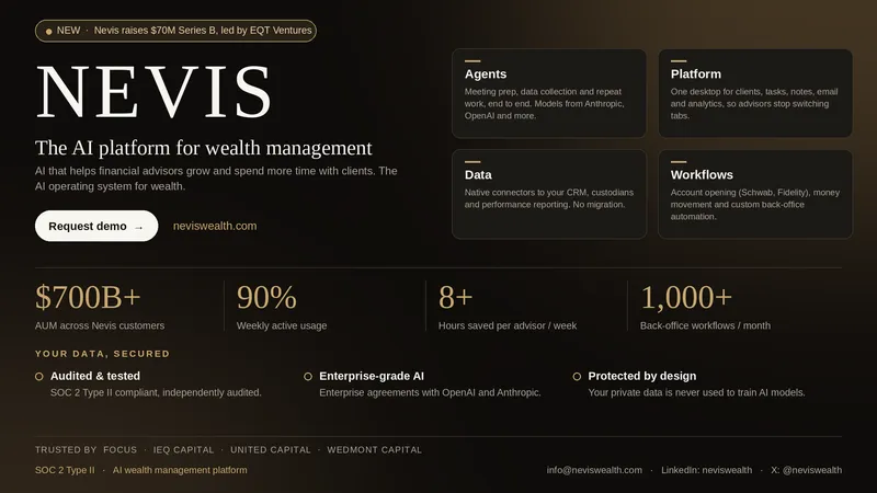 Nevis logo with the tagline “The AI platform for wealth management,” plus product highlights and key stats.