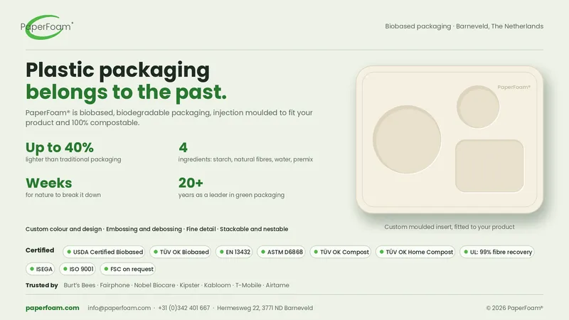 Plastic packaging belongs to the past.” Compostable, biobased packaging, paperfoam.com.