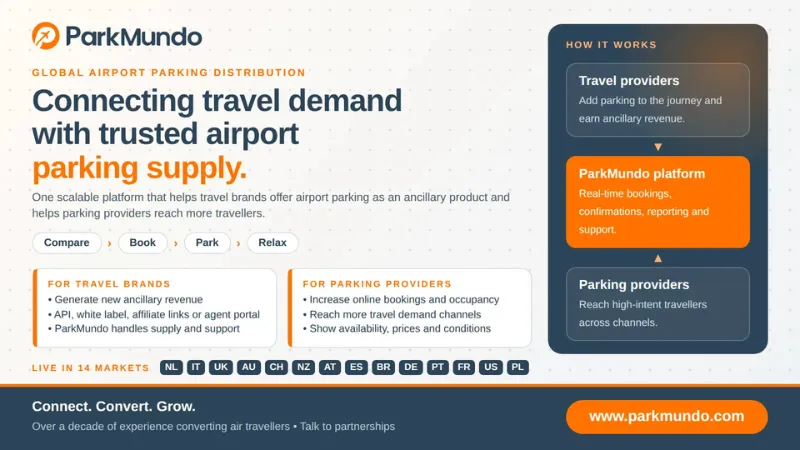 ParkMundo banner: “Connecting travel demand with trusted airport parking supply.” Global airport parking distribution. parkmundo.com