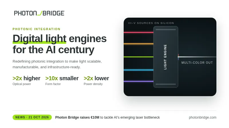 Photon Bridge banner: “Digital light engines for the AI century,” with a diagram of colored laser beams combining into one.