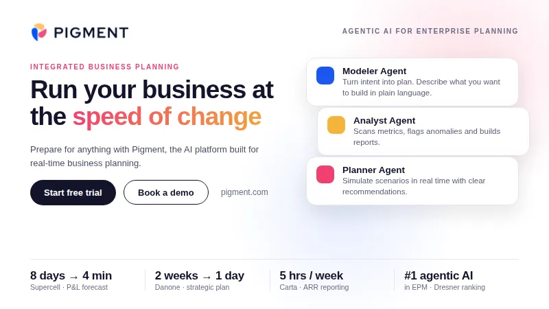 Pigment banner with the headline “Run your business at the speed of change,”