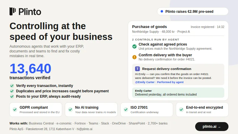 Plinto graphic: ‘Controlling at the speed of your business’, with an agent catching a missing delivery confirmation on an invoice and 13,640 transactions verified.