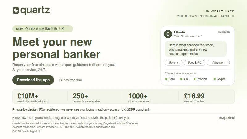 Quartz banner on cream background: logo, “Meet your new personal banker,” a “Download the app” button, and a chat card from the AI assistant Charlie.
