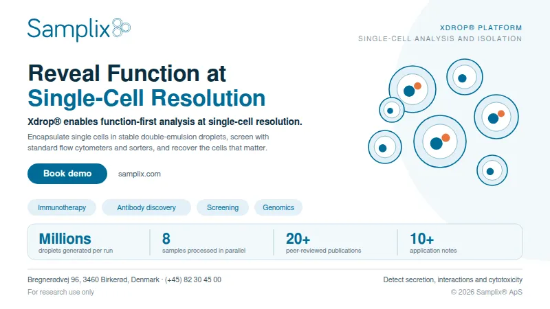 Reveal Function at Single-Cell Resolution,” a “Book demo” button, an illustration of cell-containing droplets, and Xdrop platform stats.