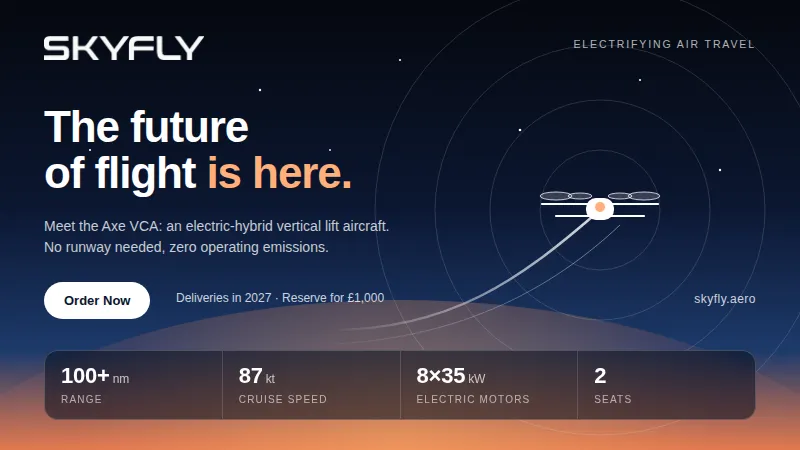 Skyfly banner with the headline “The future of flight is here” and an illustrated electric vertical-lift aircraft against a dusk sky.