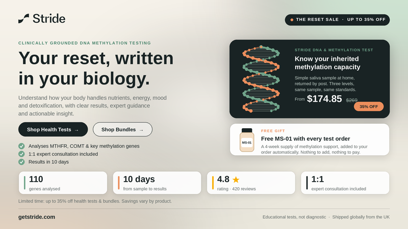 Stride banner: “Your reset, written in your biology.” with a DNA test offer and a free gift.