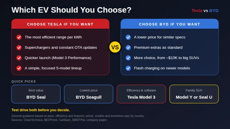 Tesla and BYD: Tesla for efficiency and software, BYD for lower prices and more model choice
