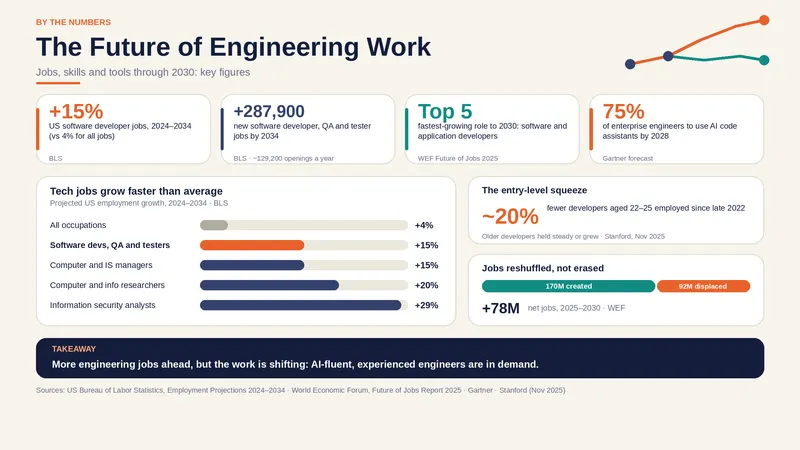 The Future of Engineering Work: software developer jobs projected to grow 15% by 2034, while entry-level hiring falls