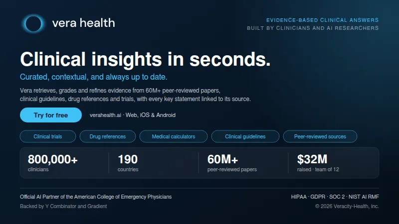 Vera Health banner on dark navy: logo, “Clinical insights in seconds,” a “Try for free” button, and stats (800,000+ clinicians, 190 countries, 60M+ papers).