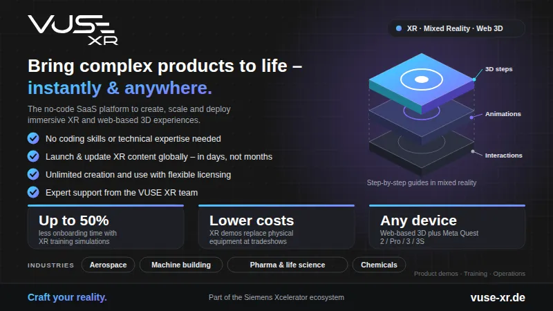 “Bring complex products to life – instantly & anywhere” with an exploded 3D layers graphic.