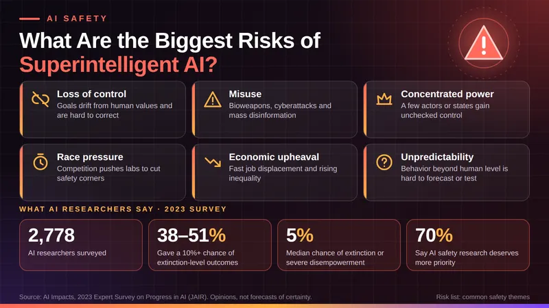Six risks of superintelligent AI, from loss of control to misuse, with 2023 survey data from 2,778 AI researchers.