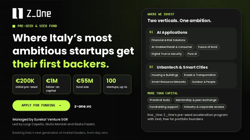 Z_One VC logo with the headline “Where Italy’s most ambitious startups get their first backers”, fund stats, and its AI and Urbantech focus areas.