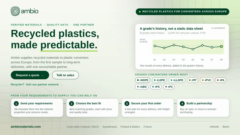 Ambio banner: “Recycled plastics, made predictable.” with a batch-history chart for a recycled LDPE grade, nine recycled plastic grades, and a four-step process from requirements to long-term supply.