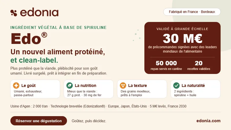 Edo®, un nouvel aliment protéiné et clean-label à base de spiruline. Plus protéiné que la viande, goût umami, 2 ingrédients. Réservez une dégustation.