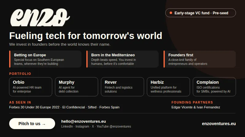 Enzo Ventures, a pre-seed VC fund backing European tech founders, with five portfolio companies and a “Pitch to us” button.