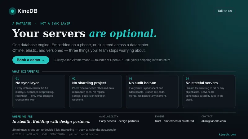KineDB banner: “Your servers are optional,” a database that is not a sync layer.