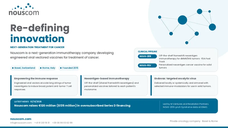Nouscom banner with logo and the headline “Re-defining innovation,” for a cancer immunotherapy company based in Basel and Rome.