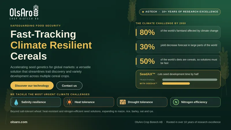 OlsAro banner: “Fast-Tracking Climate Resilient Cereals”, with climate stats and the SeedAX™ seed platform.