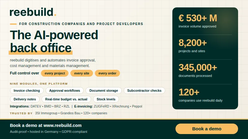 reebuild: Das KI-gestützte Backoffice für Bauunternehmen und Projektentwickler. Rechnungsprüfung, Freigaben, Kostenkontrolle.